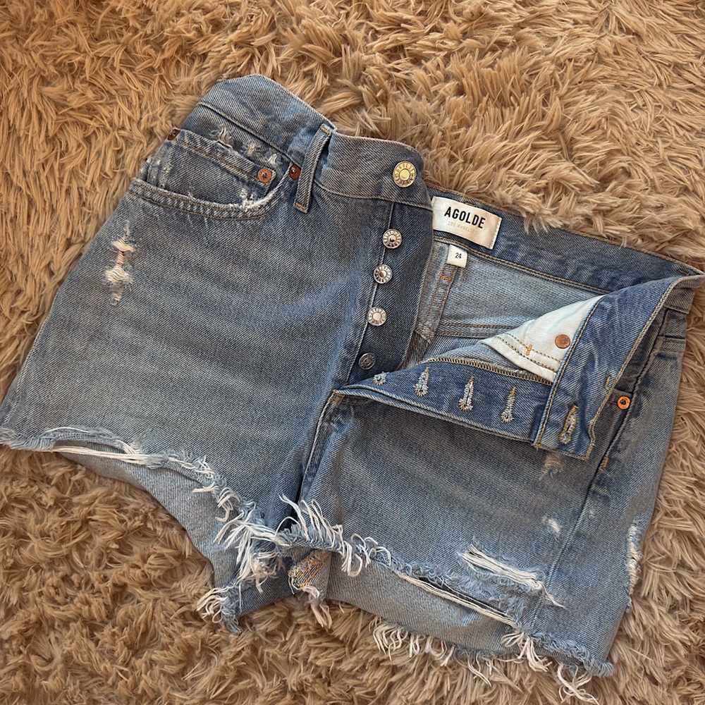 Agolde Light Blue Frayed Denim Shorts